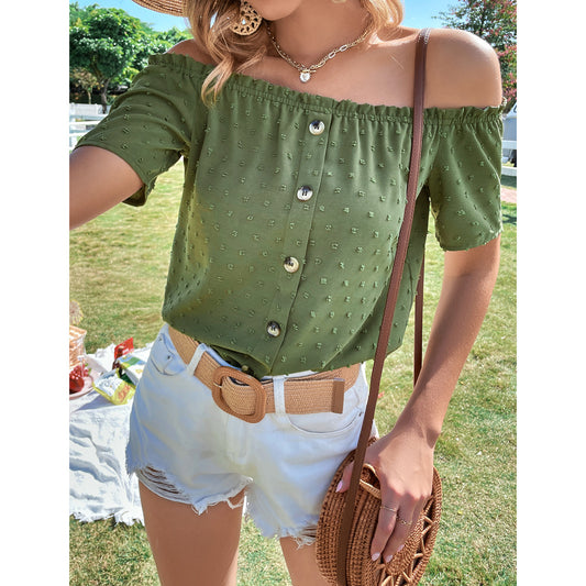 Blouse Femme Off-Shoulder avec Détails de Bouton et Décolleté à Volants Chic und Stil