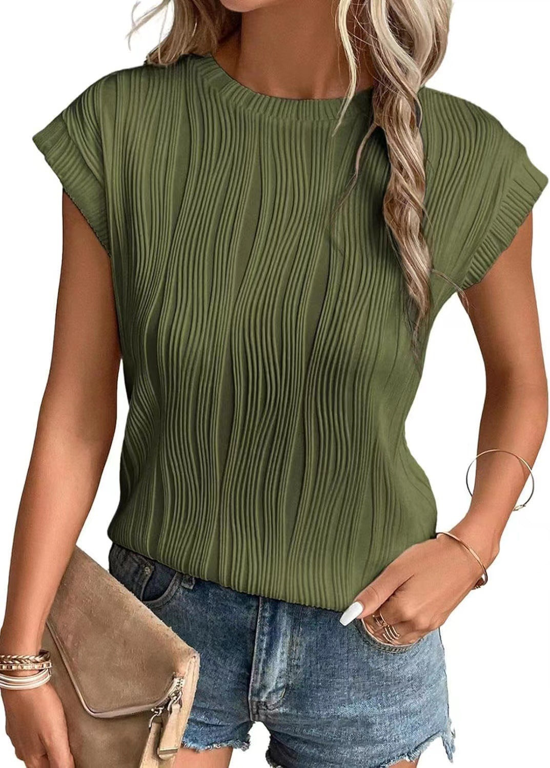 Blouse à manches courtes structurée pour femmes avec un élégant motif en vagues Chic und Stil