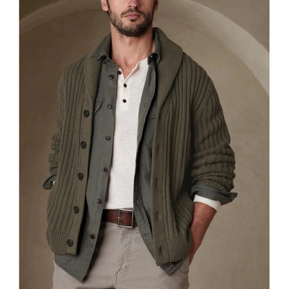 Men's knitted jacket with a modern cable pattern and classic folded collar Chic and Style