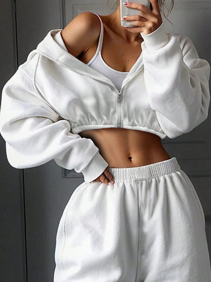 Femme ensemble en polaire décontracté avec pull court et pantalon large Chic und Stil