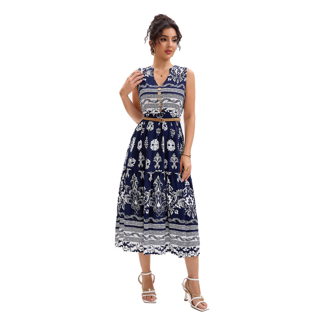 Dames Vintage Floral Boutonné Midi Robe Chic und Stil