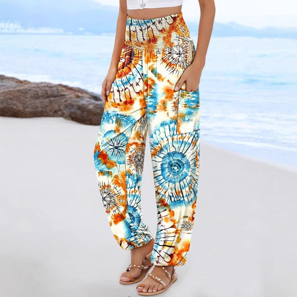 Wide Palazzo pants for women with colorful Paisley pattern and elastic waistband Chic und Stil