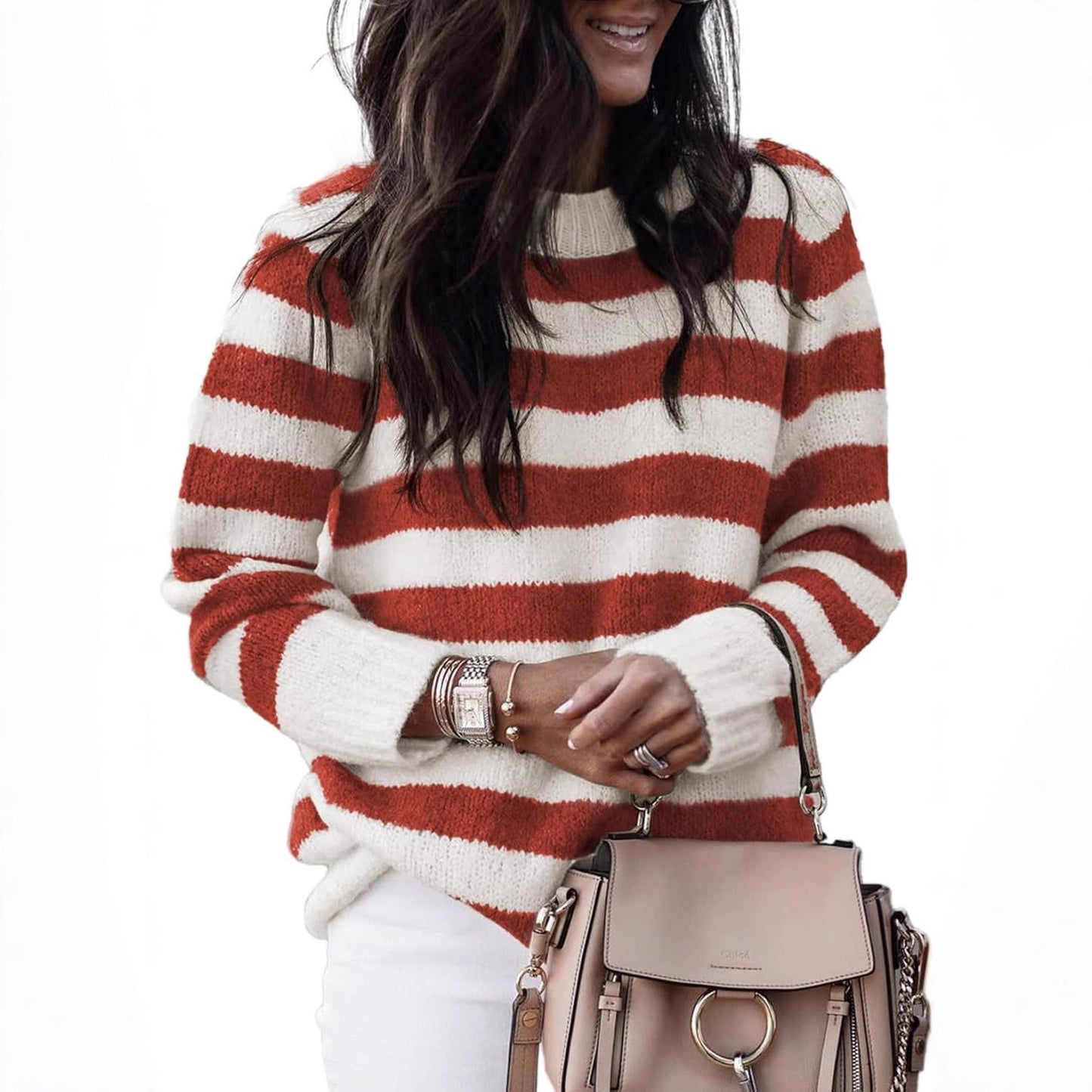 Pull en tricot décontracté pour femmes avec de larges rayures transversales Chic und Stil