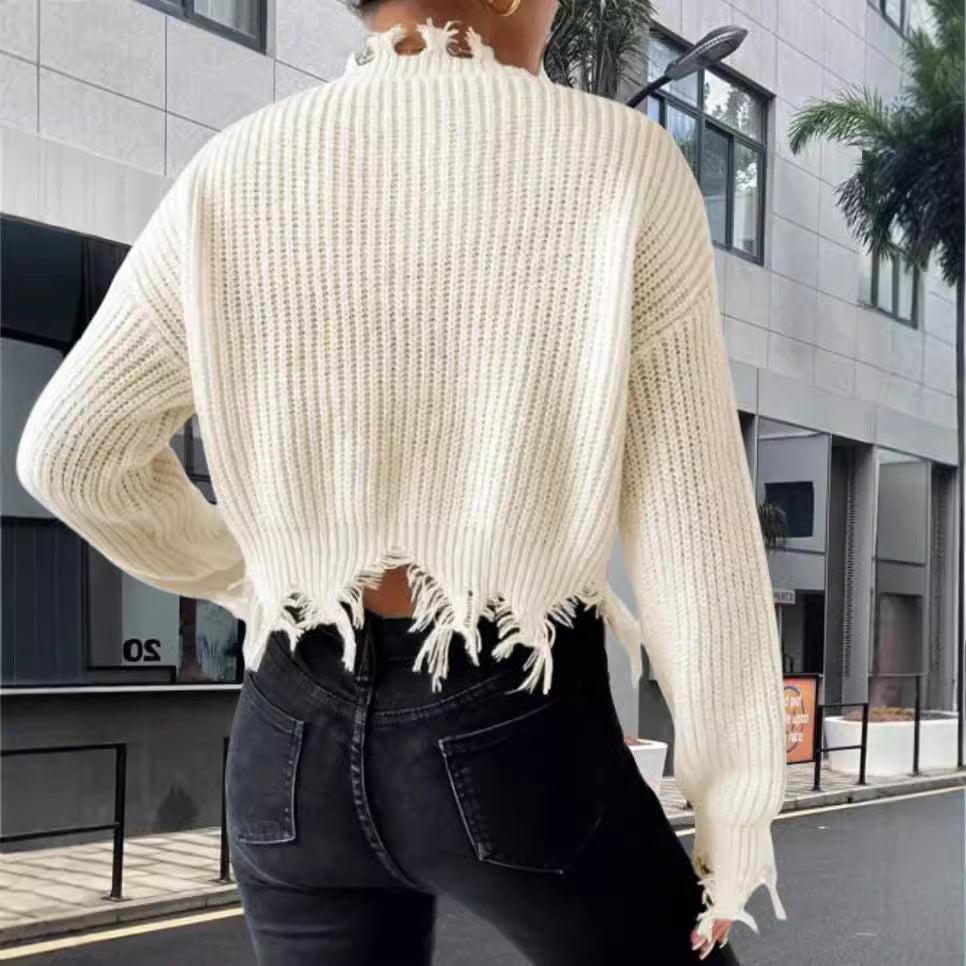 Pull-over en tricot oversize pour femmes avec ourlet à franges et décolleté raffiné Chic und Stil