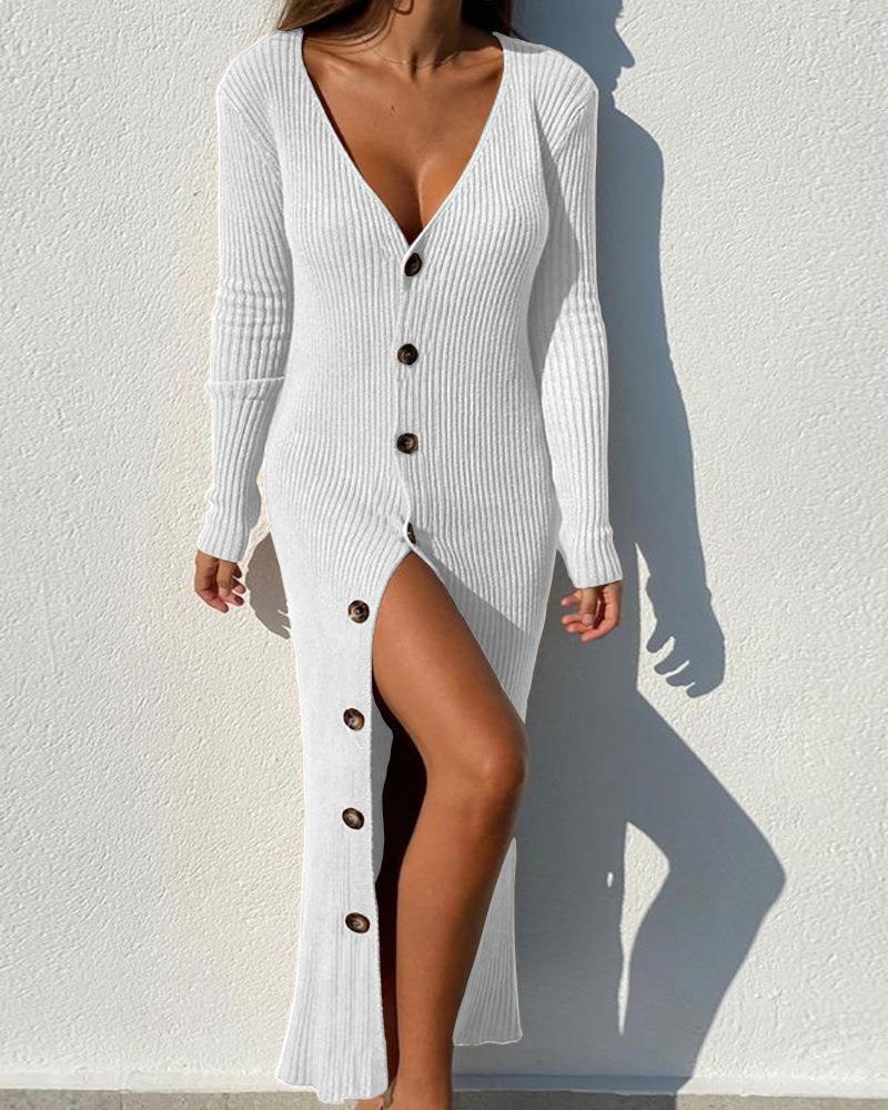 Robe à manches longues pour femmes avec patte de boutonnage continue et fente latérale Chic und Stil