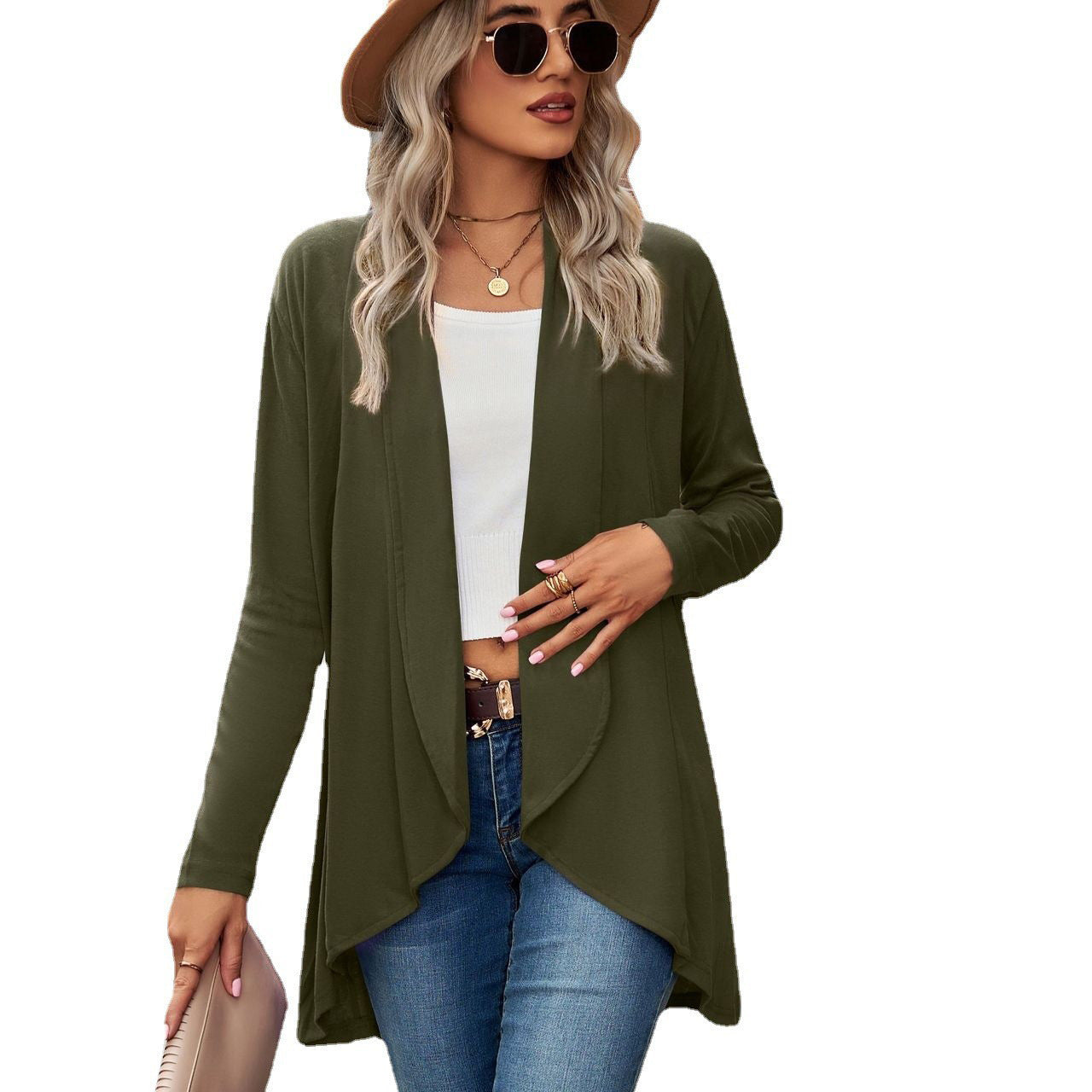 Dames décontracté long cardigan en tissu doux avec ourlet asymétrique Chic und Stil