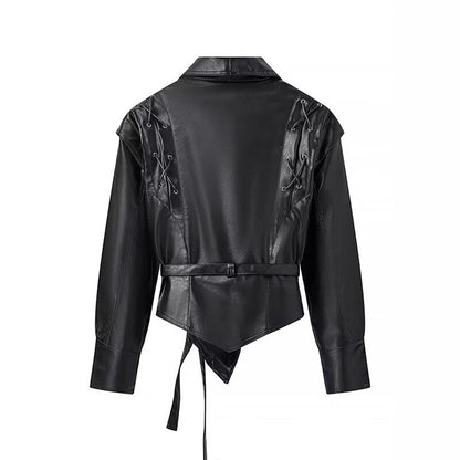 Dames élégant veste en simili cuir avec ceinture ajustable et détails de lacets décoratifs Chic und Stil