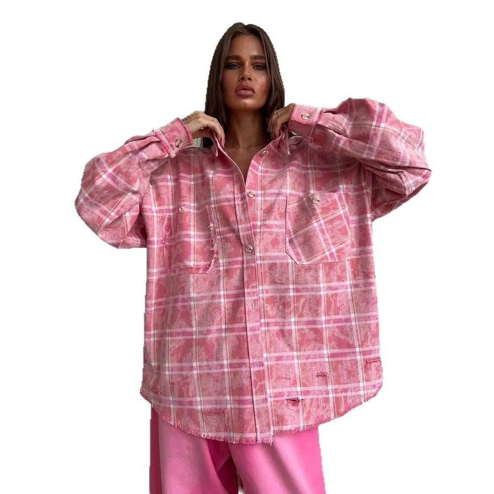 Chemisier oversize pour femmes au design à carreaux décontracté avec franges Chic und Stil