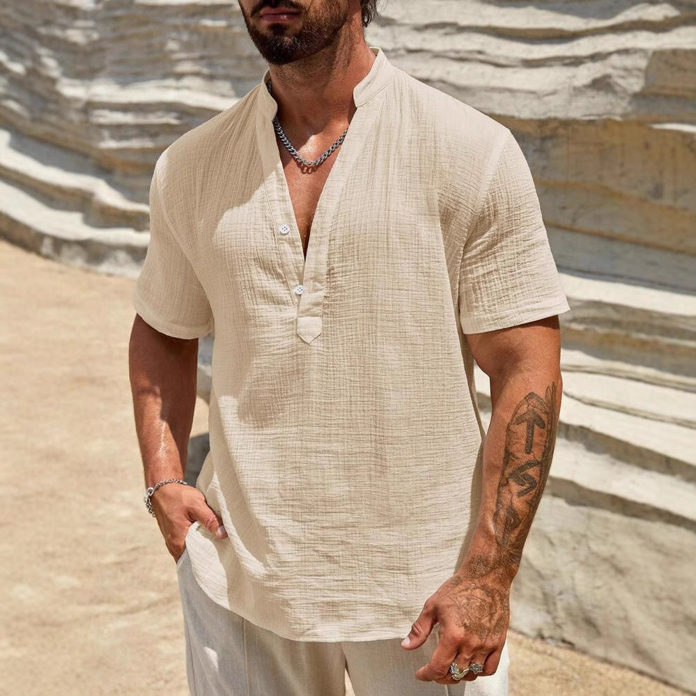 Chemise Henley à manches courtes pour hommes avec col montant moderne en matériau coton léger Chic und Stil