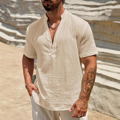 Chemise Henley à manches courtes pour hommes avec col montant moderne en matériau coton léger Chic und Stil