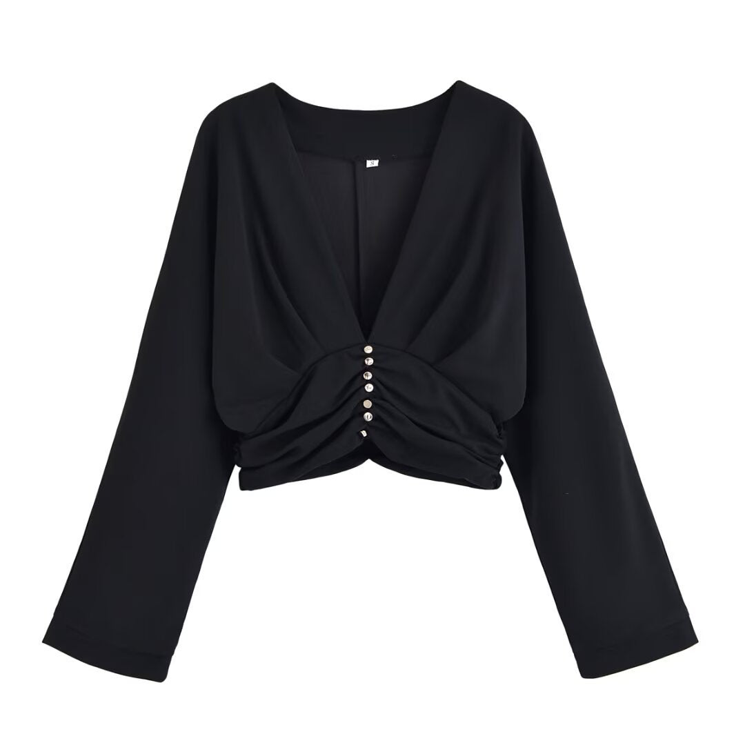 Dames haut élégant avec décolleté en V profond et design de ruché raffiné Chic und Stil