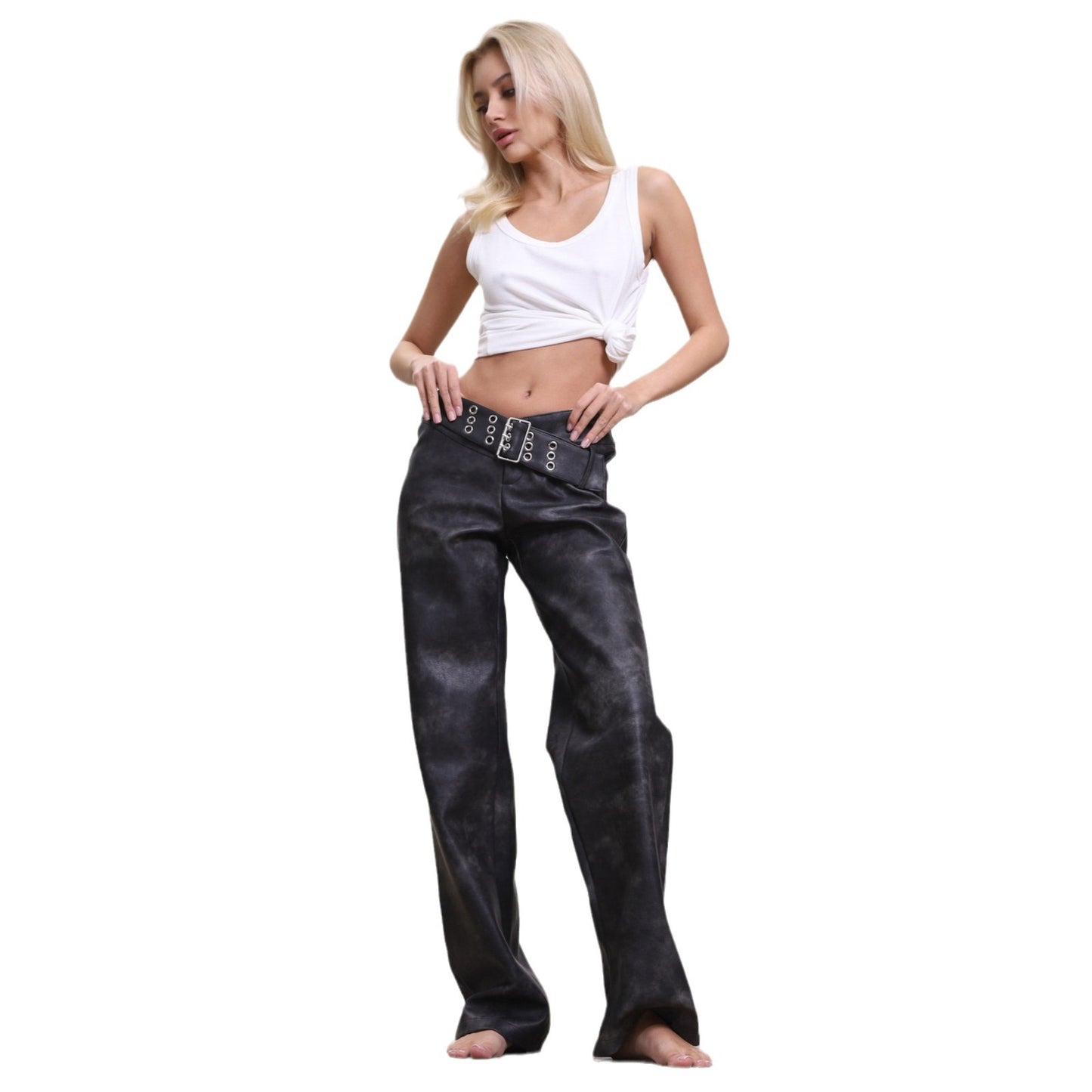 Modern high-waisted faux leather pants for women with adjustable belt Chic and Style