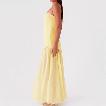 Dames élégante robe maxi sans bretelles avec fente haute et tissu fluide Chic und Stil