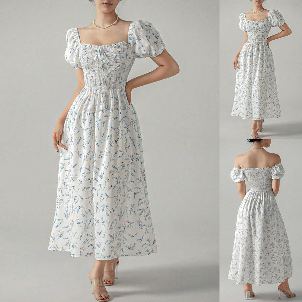 Dames Fleurs Manches Puff Maxi Robe Chic und Stil