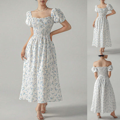 Dames Fleurs Manches Puff Maxi Robe Chic und Stil