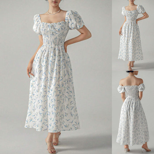 Dames Fleurs Manches Puff Maxi Robe Chic und Stil