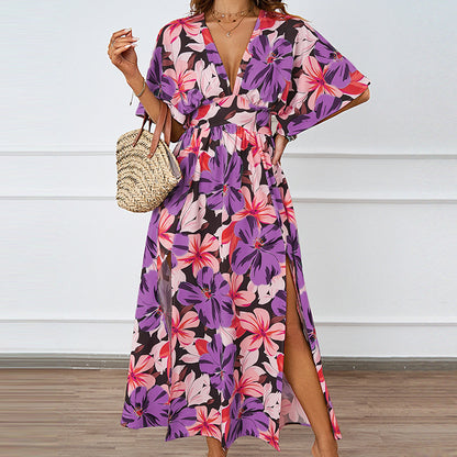 Robe maxi florale femme avec décolleté en V profond et fentes latérales Chic und Stil