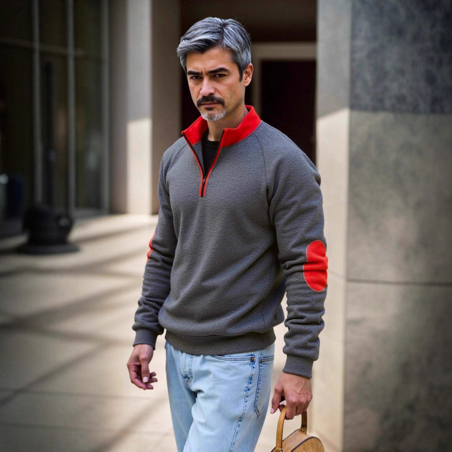Pull en sweat-mode pour hommes avec fermeture éclair fonctionnelle et patchs contrastants aux coudes Chic und Stil
