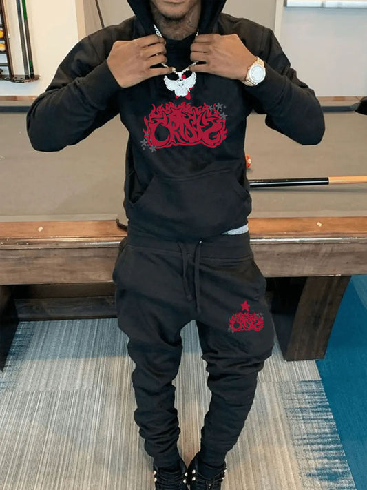 Men's hoodie and jogger pants set with artistic print and chic casual details