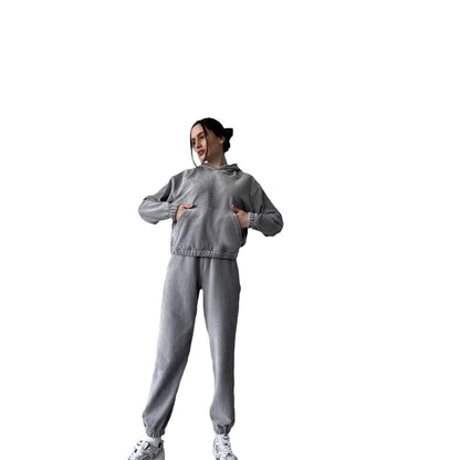 Dames doux ensemble à capuche en cordon avec taille élastique Chic und Stil