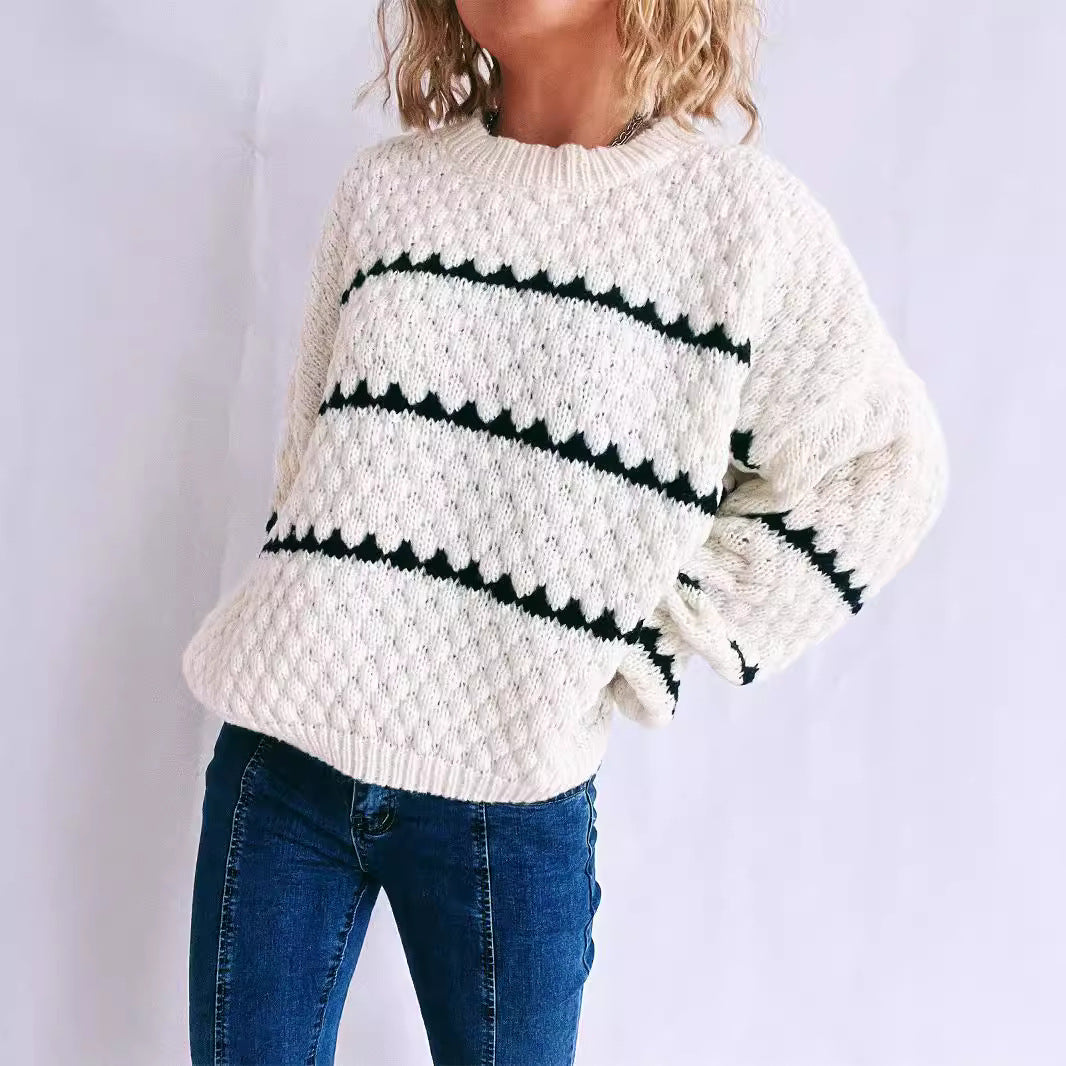 Pull en gros tricot pour femmes avec des rayures contrastantes Chic und Stil