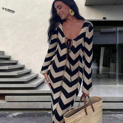 Robe maxi en tricot pour femmes avec motif en zigzag et découpes discrètes Chic und Stil