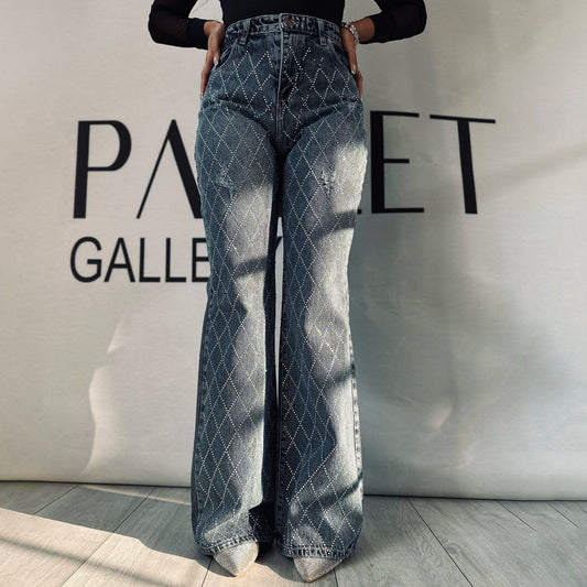 Dames élégantes jeans bootcut taille haute avec strass brillant Chic und Stil