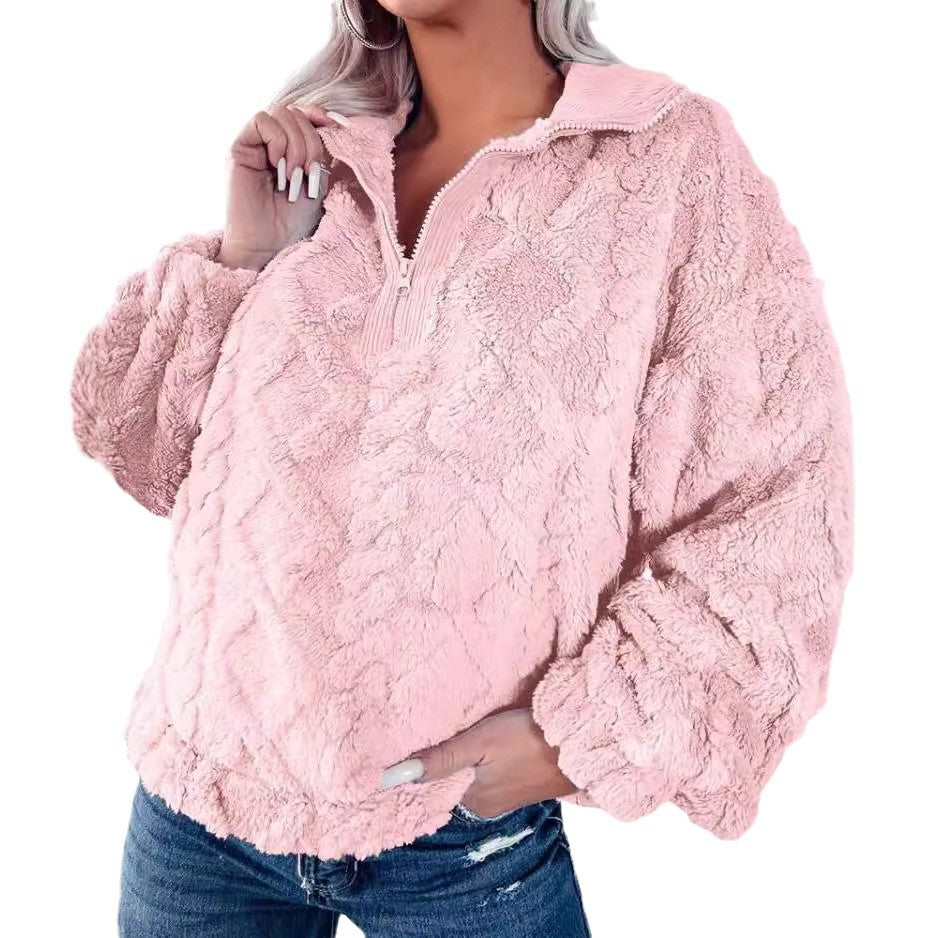 Pull en fleece douillet pour femmes avec demi-fermeture éclair et manches bouffantes Chic und Stil