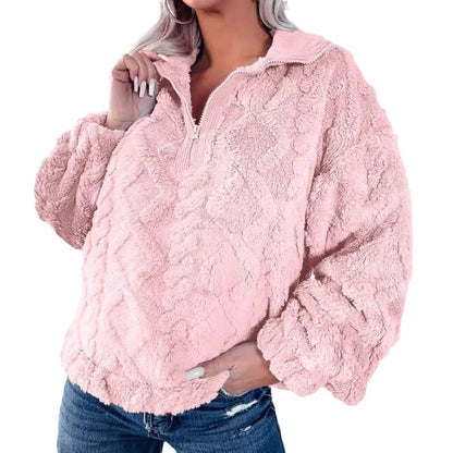 Pull en fleece douillet pour femmes avec demi-fermeture éclair et manches bouffantes Chic und Stil