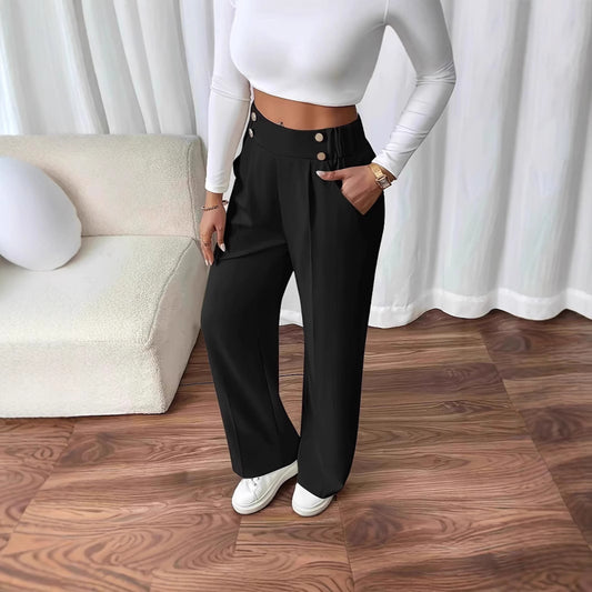 High-waisted palazzo pants for women with side pockets and decorative button details Chic and Style
