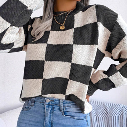 Dames Pull en tricot à motif écossais avec col rond à la mode Chic und Stil