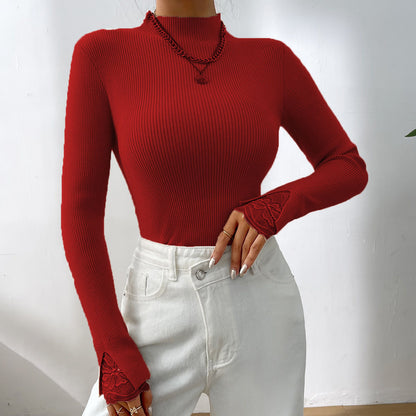 Pull long à manches longues pour femmes avec des manches en dentelle et coupe ajustée Chic und Stil