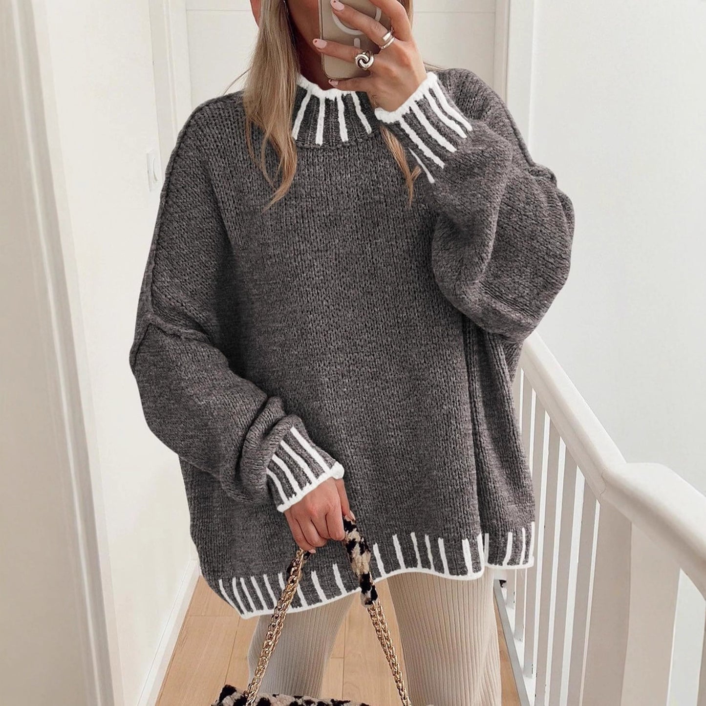 Pull en gros tricot décontracté pour femmes avec motif rayé moderne Chic und Stil
