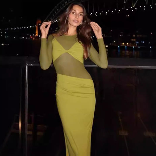 Dames Robe Maxi Élégante avec Inserts Transparents et Fronces Chic und Stil