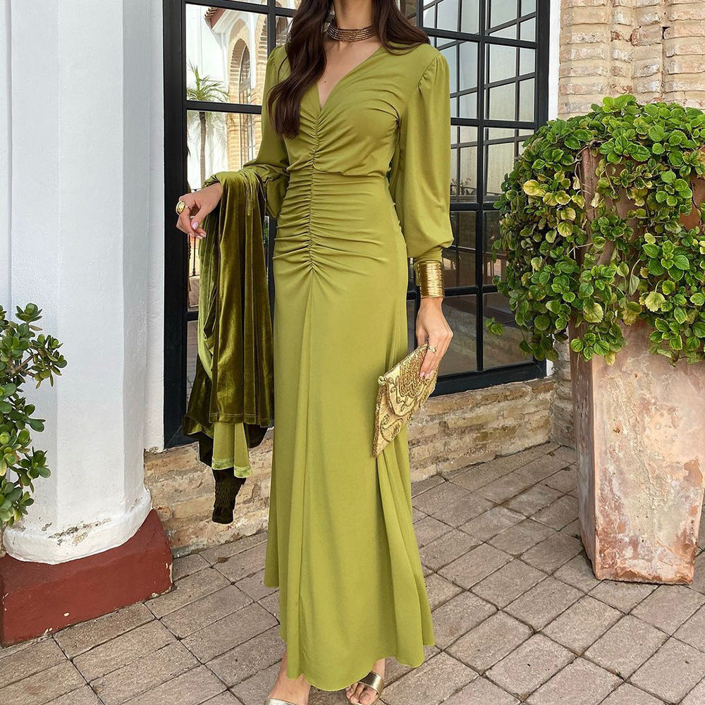 Robe maxi élégante à encolure en V avec fronces pour dames Chic und Stil