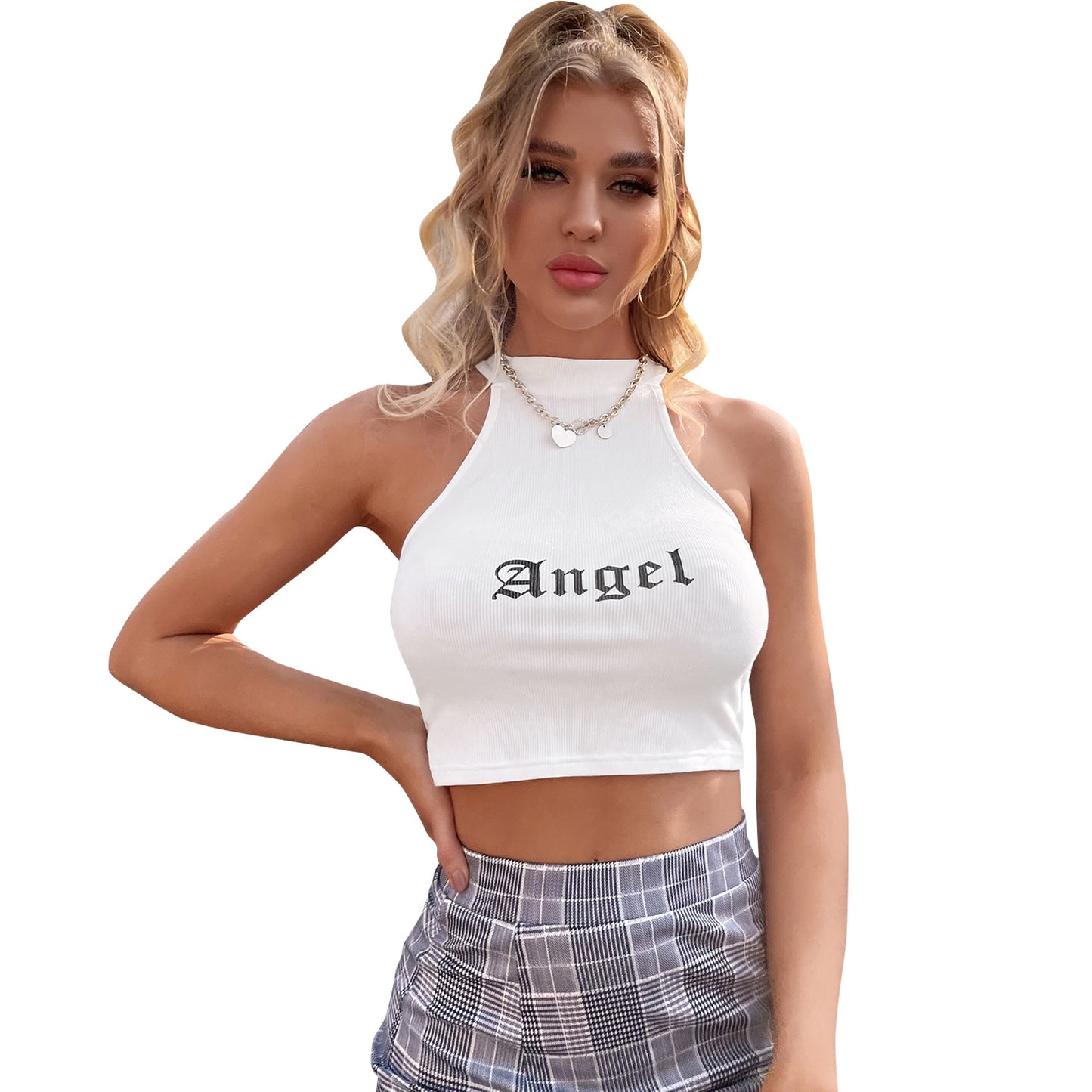 Dames Haut de gamme Crop-top avec décolleté col en V et inscription à la mode Chic und Stil