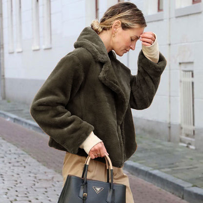 Ladies Cozy Fleece Jacket with Folded Collar and Chic Side Seams