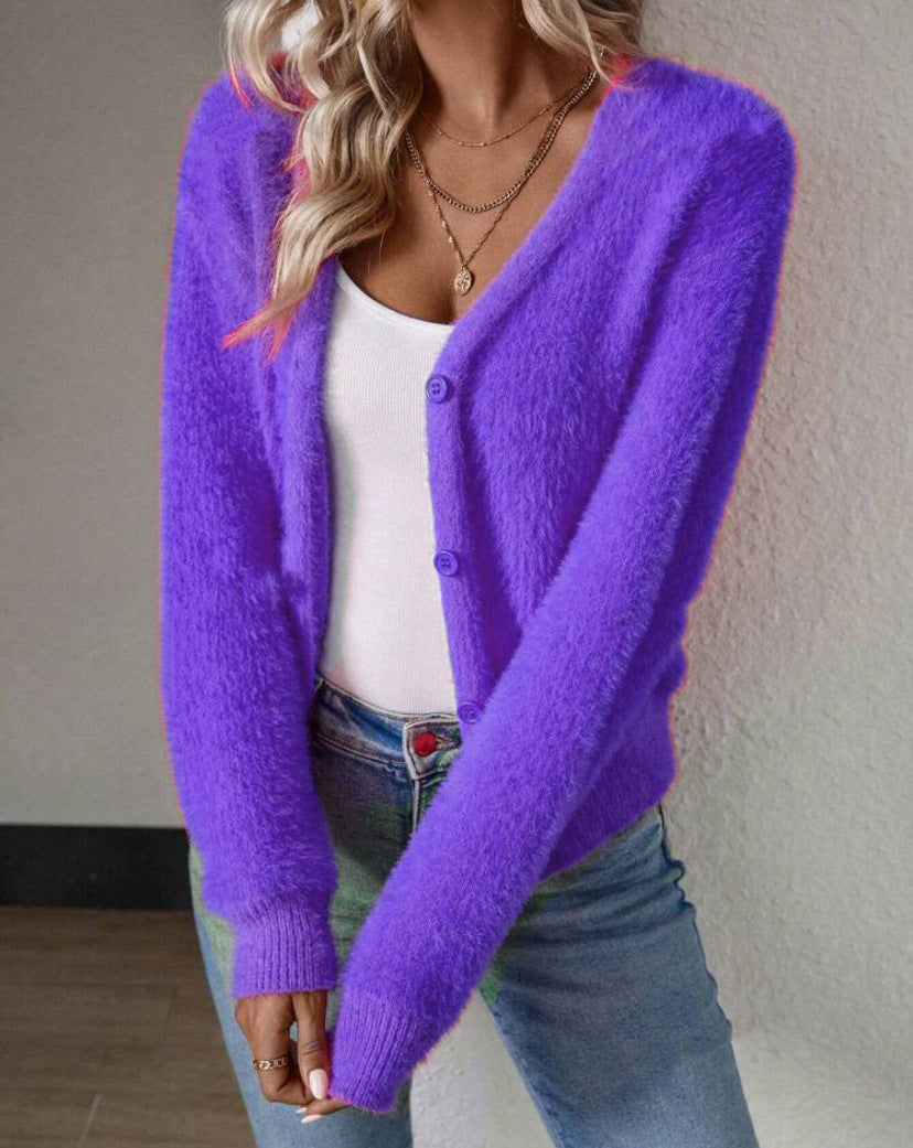 Dames Pull-over Doux à Col V avec Détail de Bouton Chic und Stil