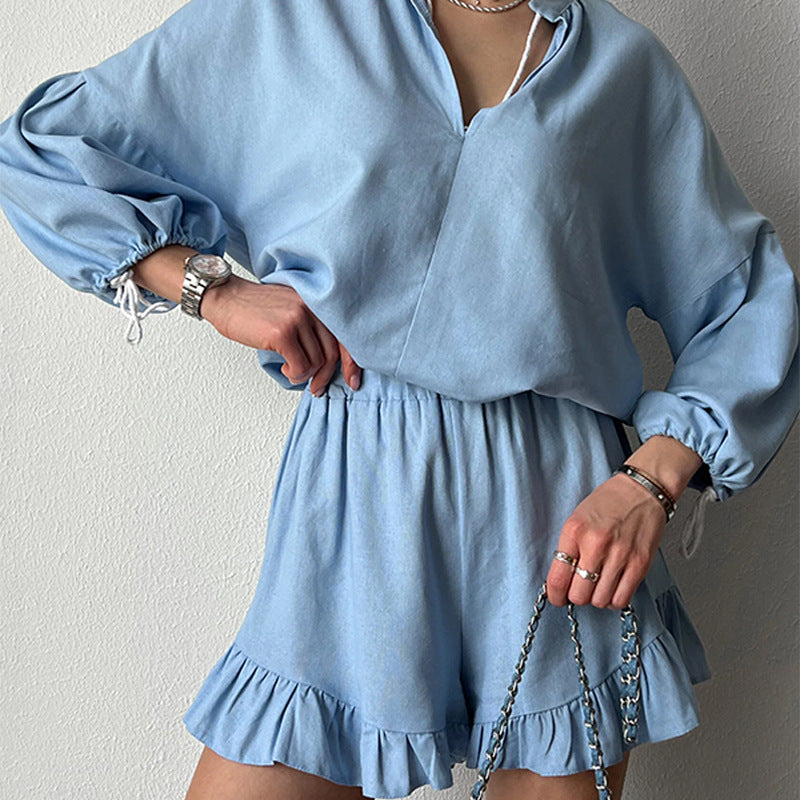 Ensemble de blouse et shorts pour femmes à détails volantés et coupe décontractée Chic und Stil