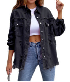 Ladies stylish overshirt jacket with fringed hem Chic and Style
