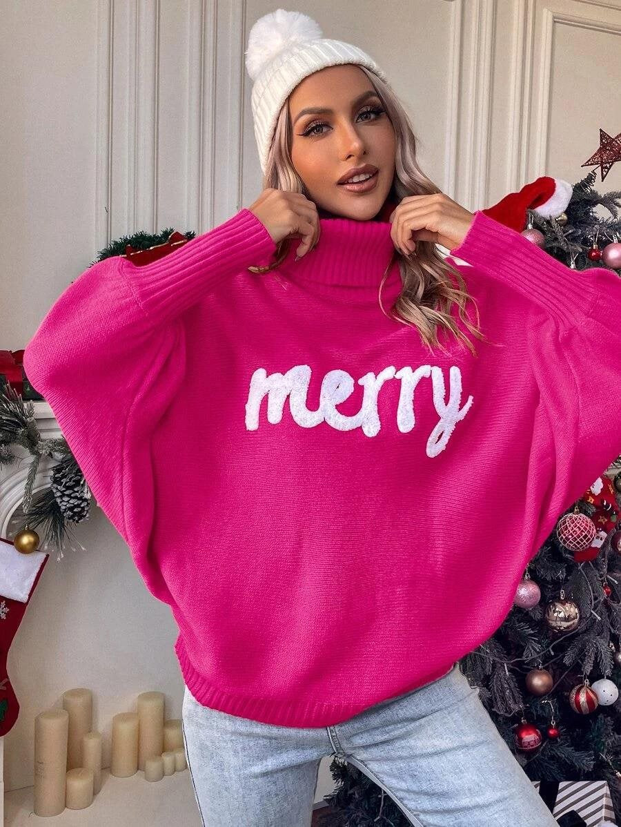 Pull à col roulé surdimensionné pour femmes avec inscription festive Chic und Stil
