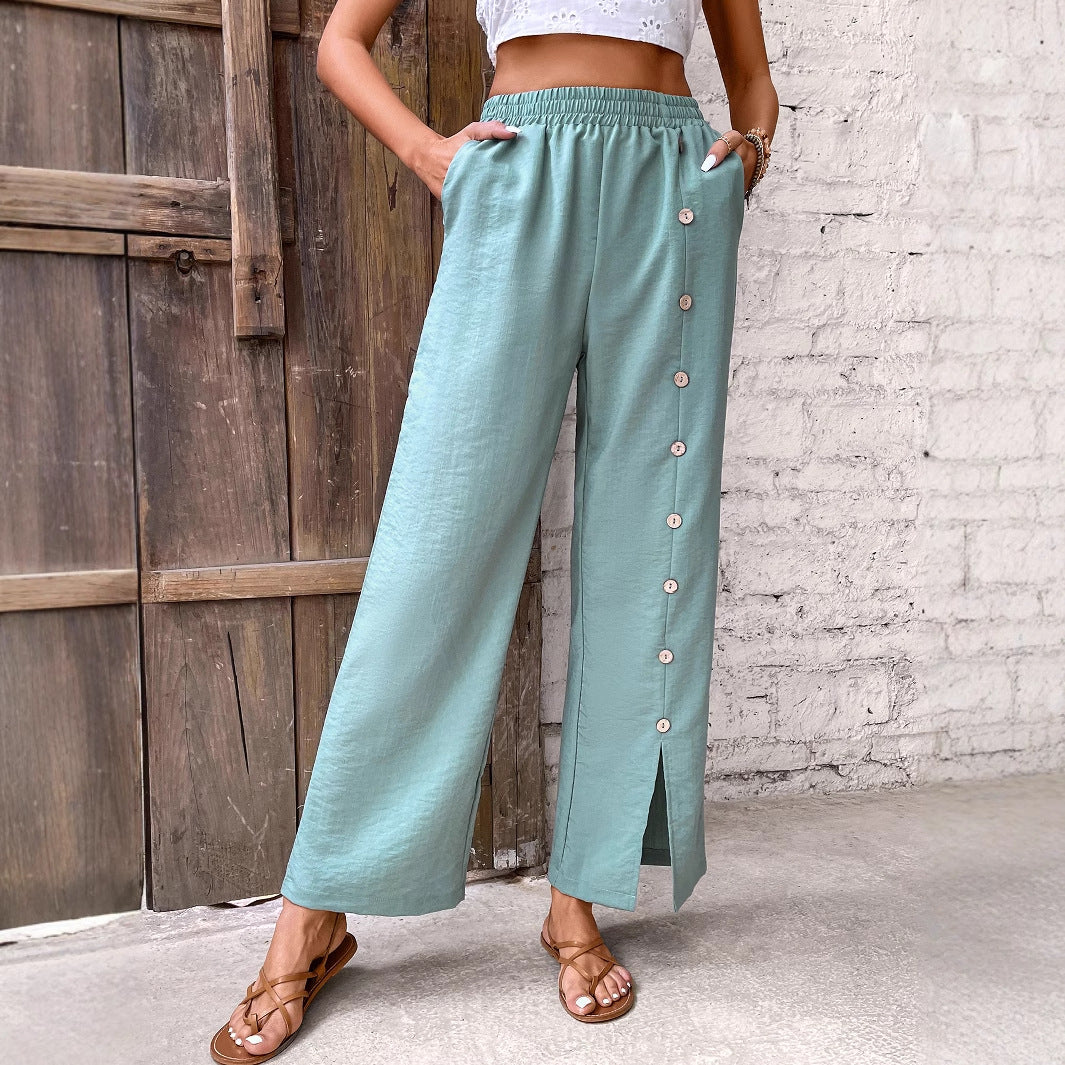 Wide palazzo pants for women with side button details and elegant slit Chic und Stil