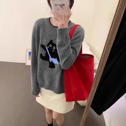 Pull femme en laine douce avec motif de chat Chic und Stil