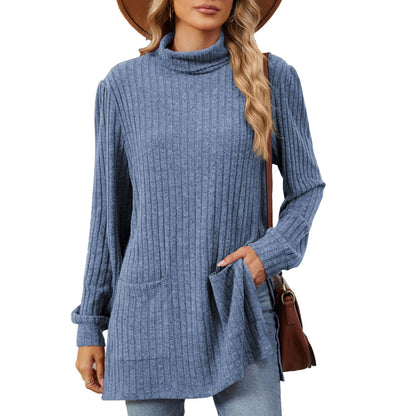 Dames élégant haut en maille structurée avec col montant et poches latérales Chic und Stil