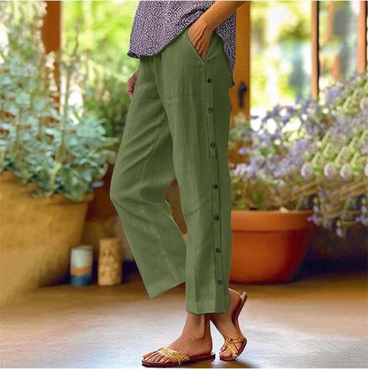 Linen pants for women with side button details and relaxed fit Chic and Style
