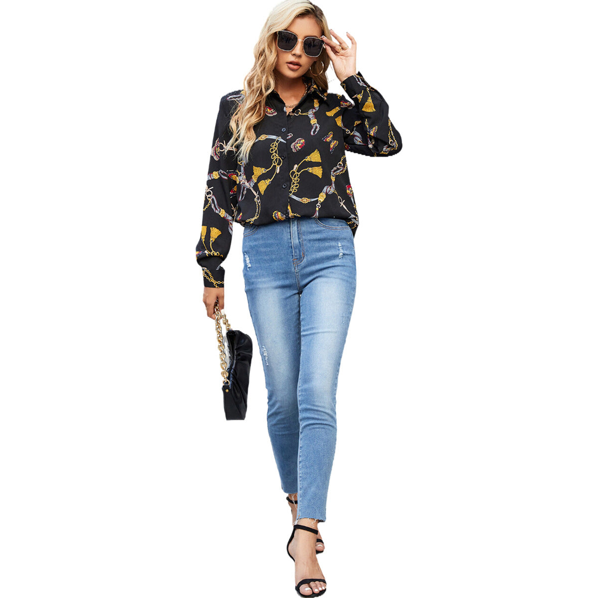 Dames Élégante Blouse à Manches Longues avec Motif Floral Joueur et Détail de Bouton Fin Chic und Stil