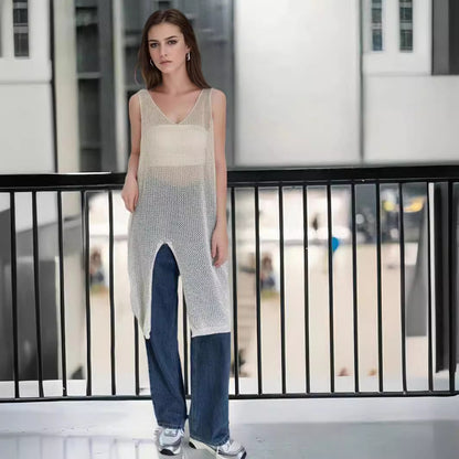 Robe en tricot aérien pour femmes avec fentes latérales et décolleté en V moderne Chic und Stil