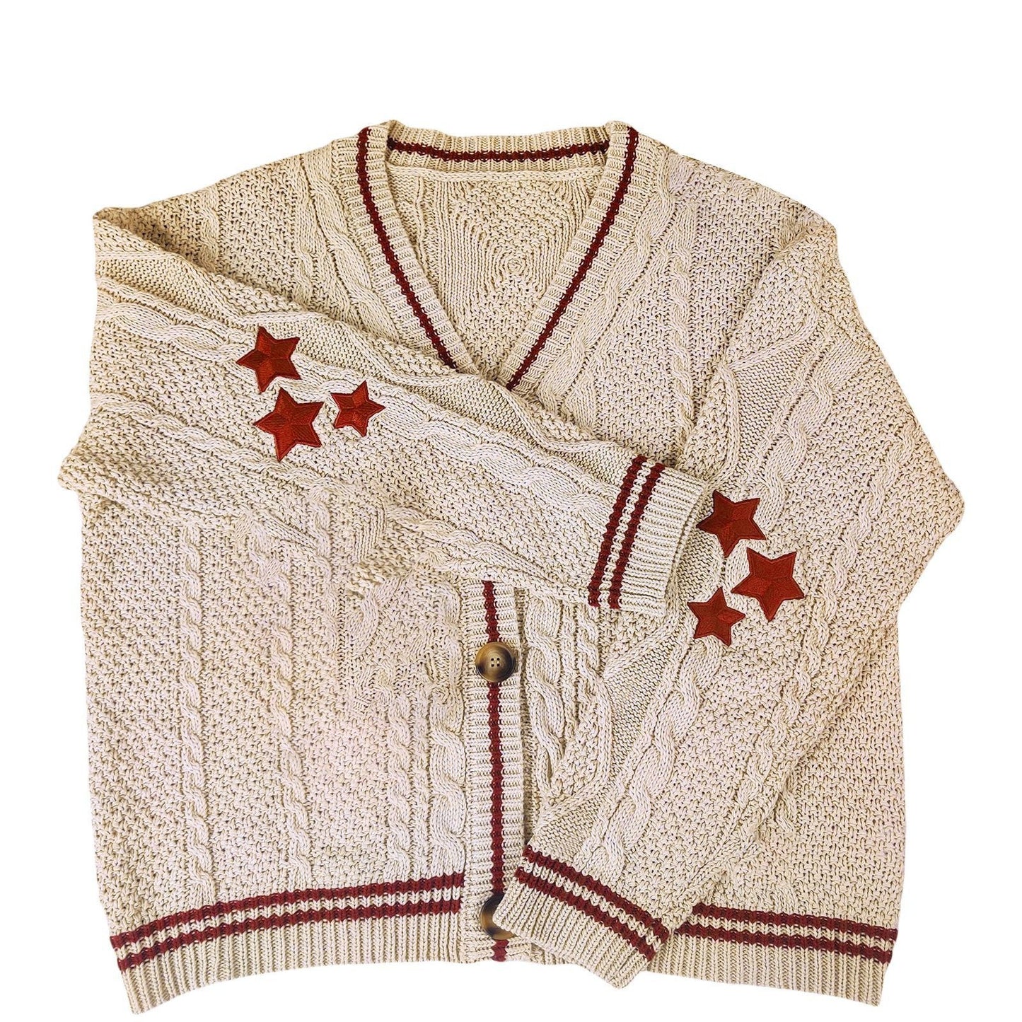 Dames gros pull cardigan avec des applications d'étoiles élégantes et des détails contrastants Chic und Stil