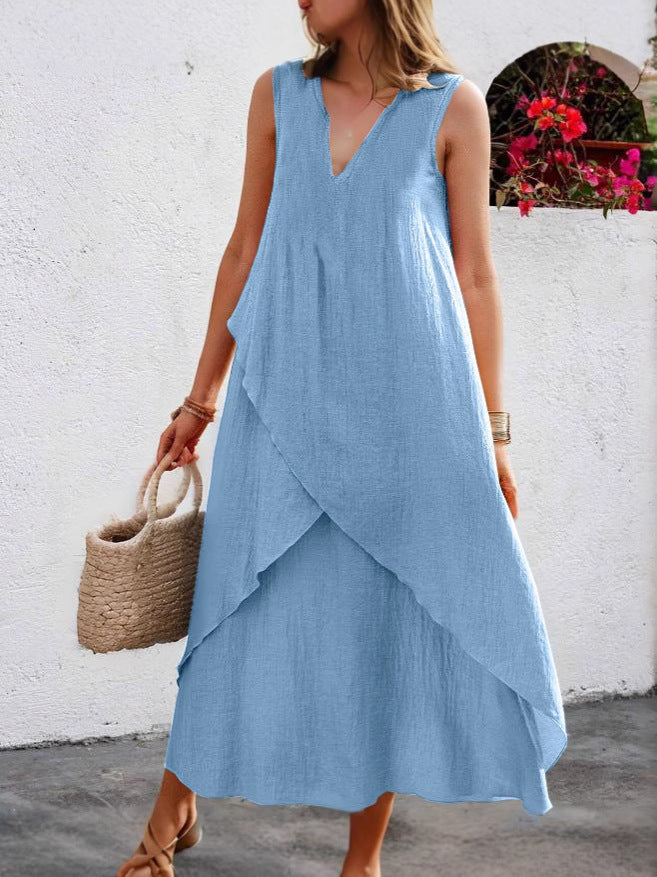 Robe maxi décontractée pour femmes avec volants superposés et décolleté en V moderne Chic und Stil