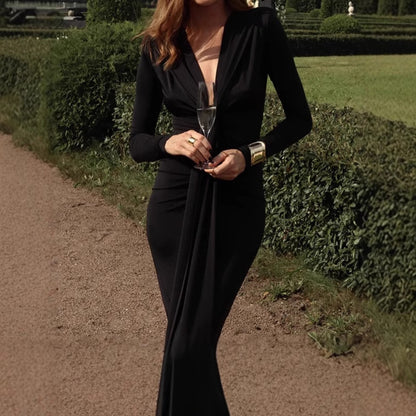 Dames Élégant Robe Maxi à Manches Longues avec Détail de Nœud Raffiné et Design Sculptant Chic und Stil